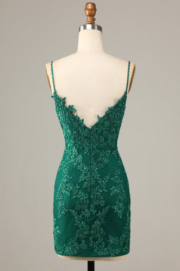 Sheath Spaghetti Straps Dark Green Short Formal Dress with Appliques